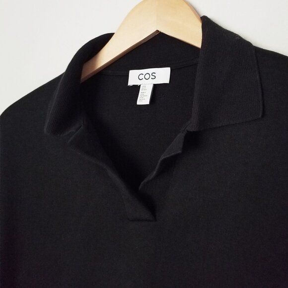 COS Jersey Rugby Shirt Top XS Black Collar V Neck Wide Long Sleeves Minimalist - Picture 10 of 16
